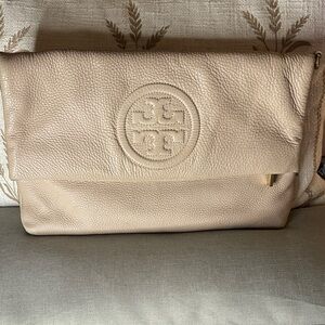 Tory Burch Fold Over Beige Leather Crossbody Bag